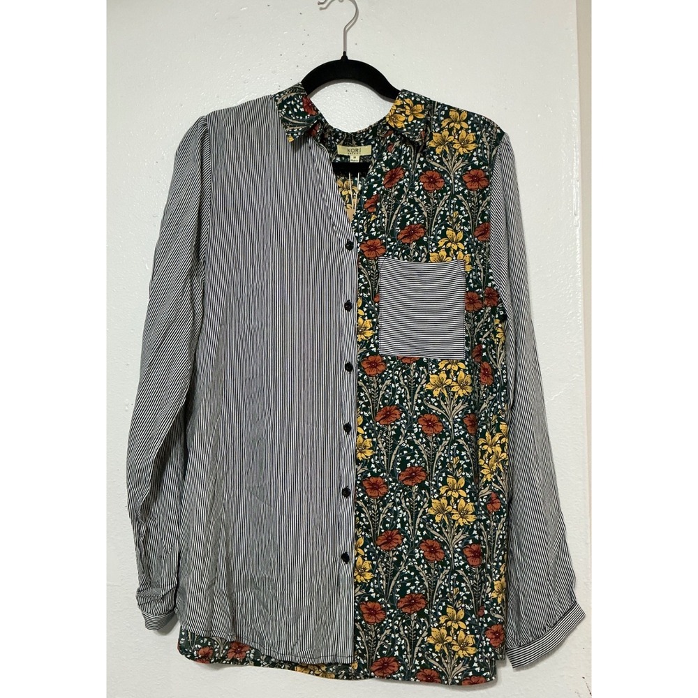 Kori America Mixed Print Button Down Shirt Floral‎ Stripe Patch Pocket Boho M